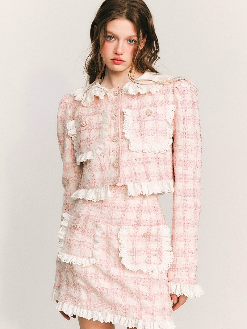 Lace Stitch Check Classical Jacket & Skirt