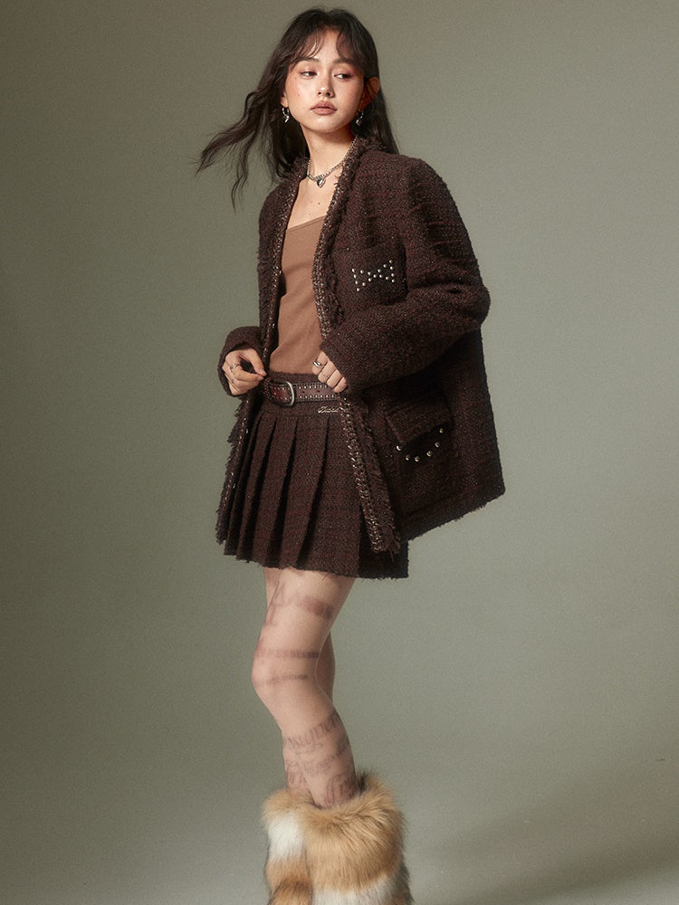 Nietglitter-Tweed-No-Kriechen-Jacke und Faltenrock