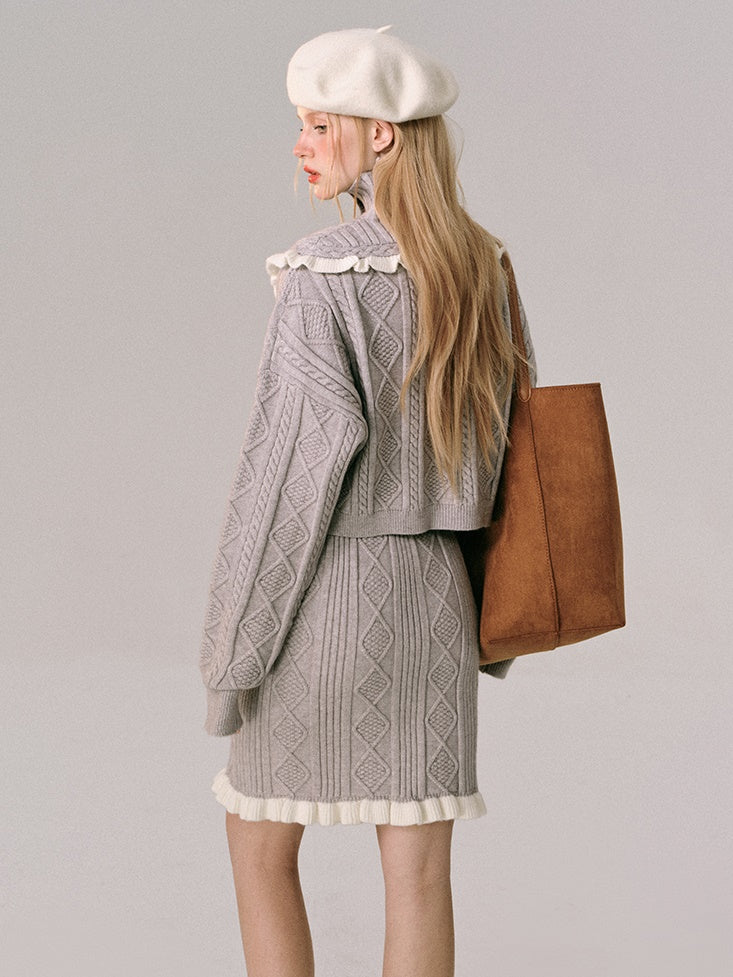 Hoher Hals gehäkelt Holzohr Strickjacke & Rock