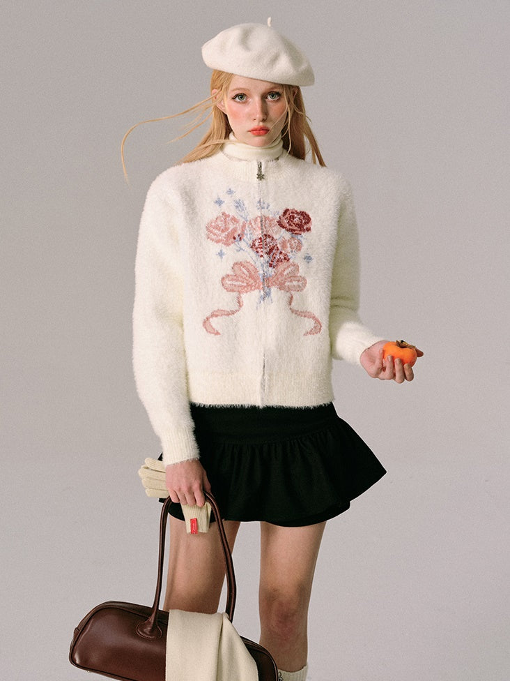 Jacquard Rose Bow Blipper Tripted Cardigan