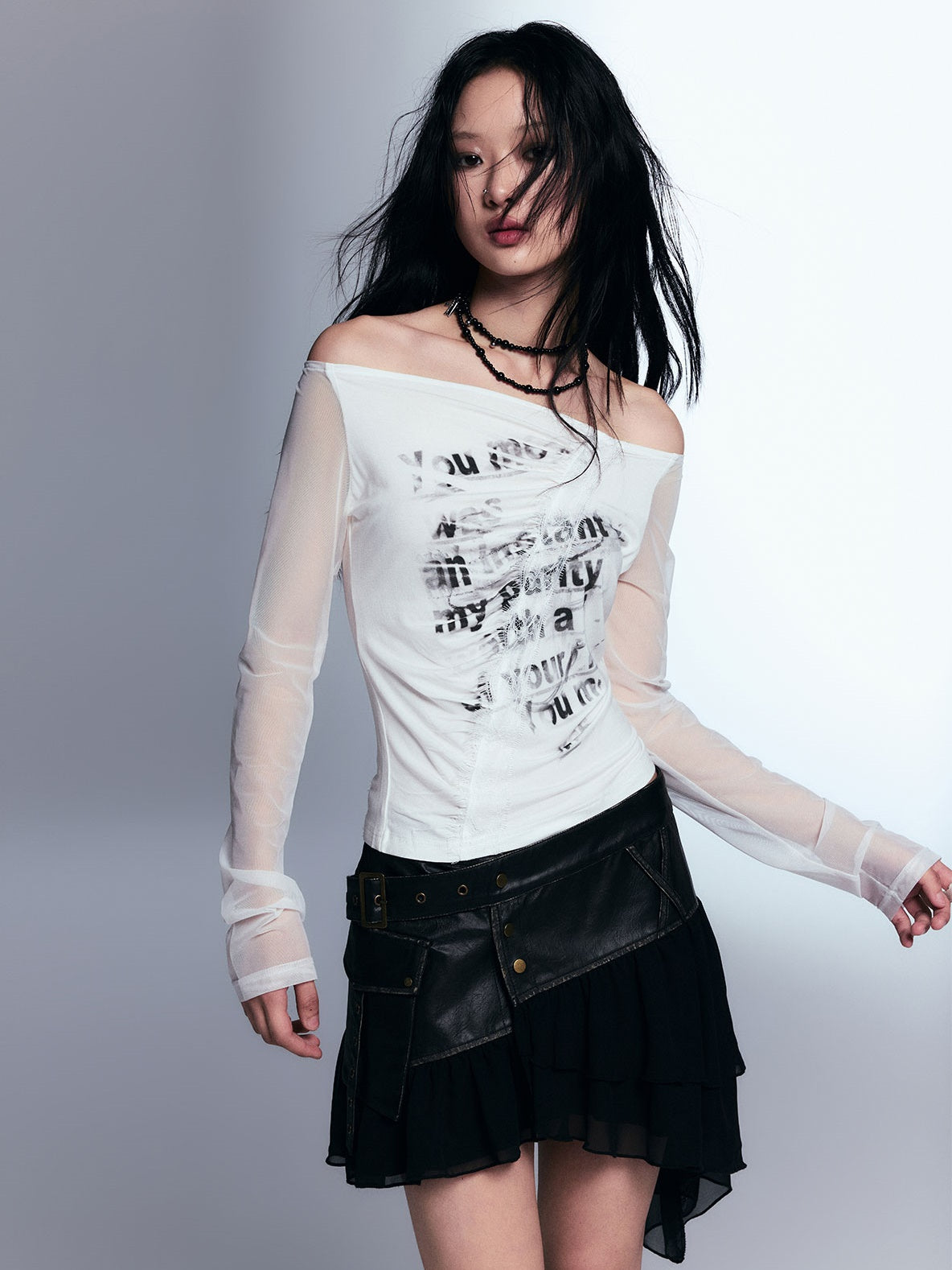 Print Off-shoulder Splicing Mesh Long-sleeved T-shirt