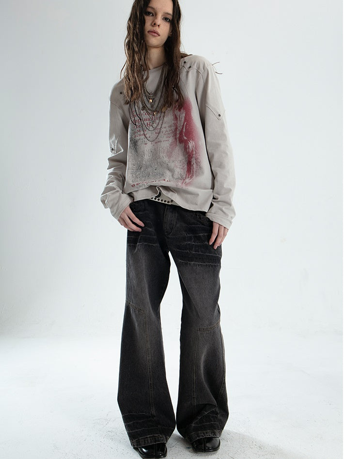 Distressed Low-rise Loose Straight Double Pocket Jeans