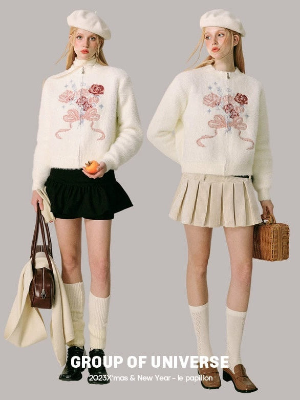 Jacquard Rose Bow Blipper Tripted Cardigan