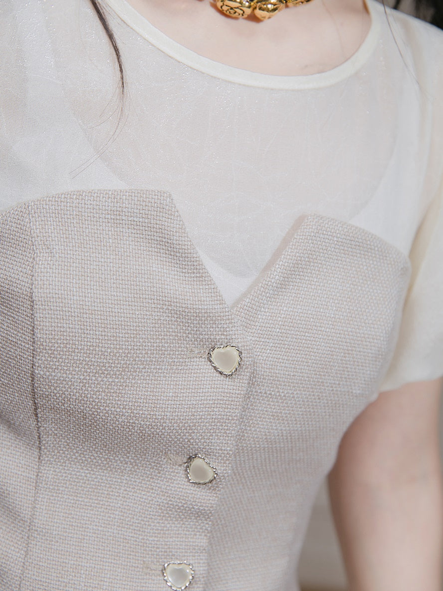 Puff Sleeve Sheer Shirt & Bear top Vest Set-up