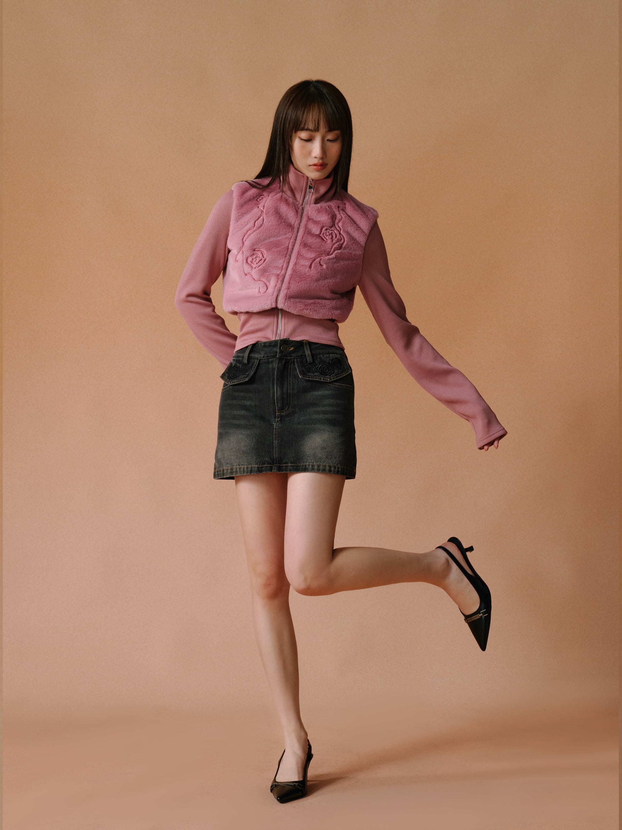 모피 스티칭 꽃 포도 나무 지퍼 높은 목 자켓