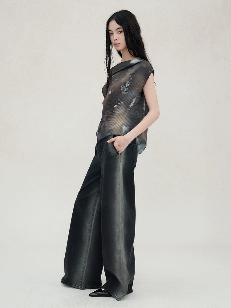 Elastic Smudged Loose Straight Jeans