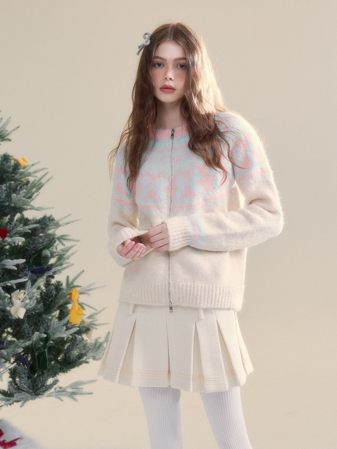 Retro Fair Isle Bow Textur Strickjacke Strickjacke