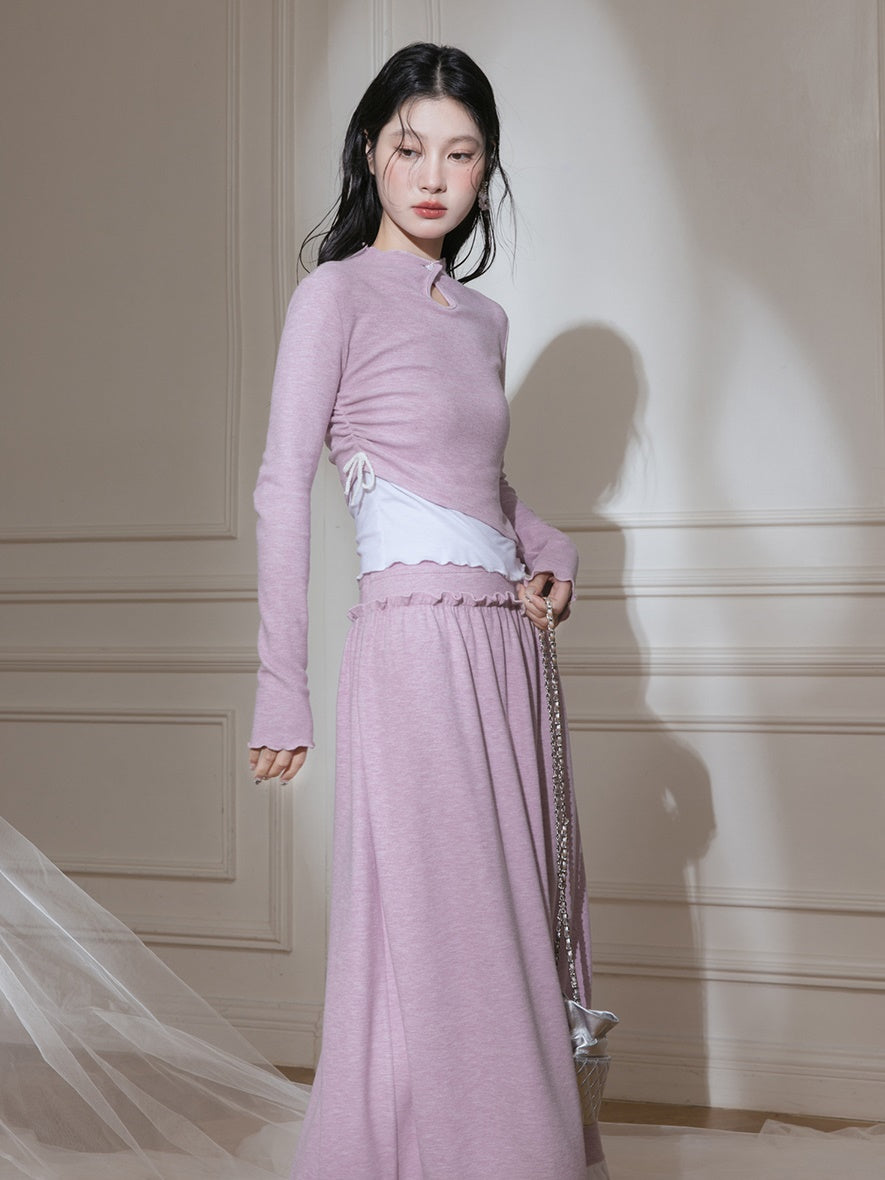 Layered Design Knitted Smocked Top & Skirt Set-up