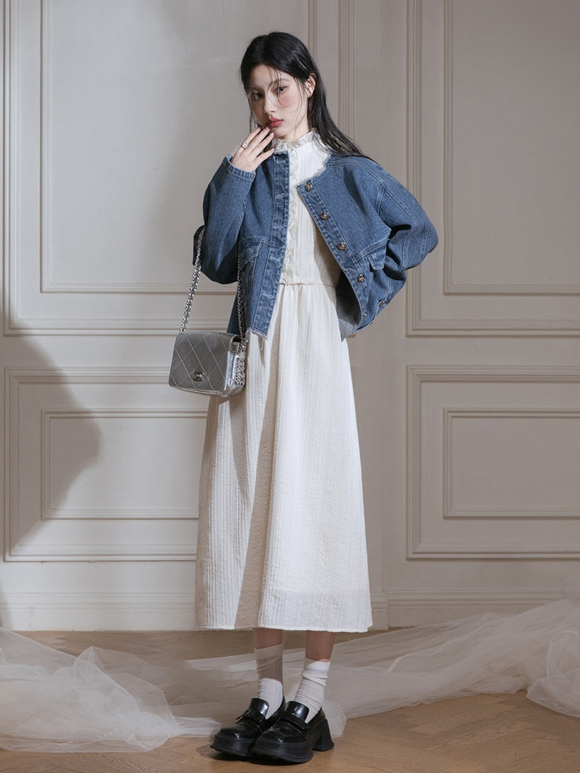 Raw Edge Jacquard Denim Jacket & Butterfly Suspender Skirt