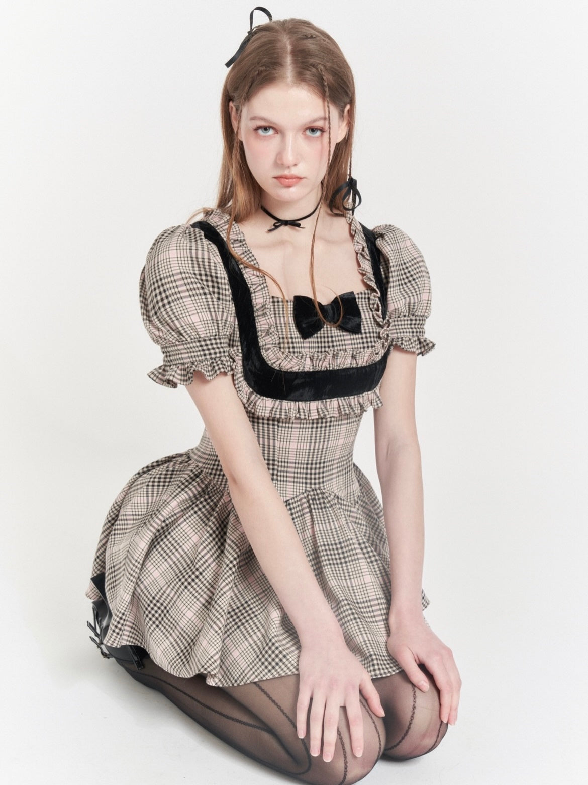 PLAID COLLEGE STYLE LACE SQUARE COLLAR FAKE TWO-PIECE Dress