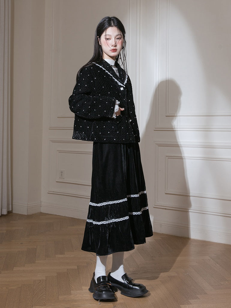Velvet Bead-flower Short Jacket & Lace Stitch Cake Skirt