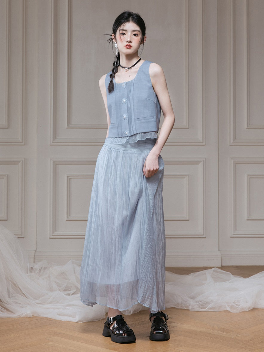 Frill Stitch U-neck Vest & Gauze Long Skirt Set-up
