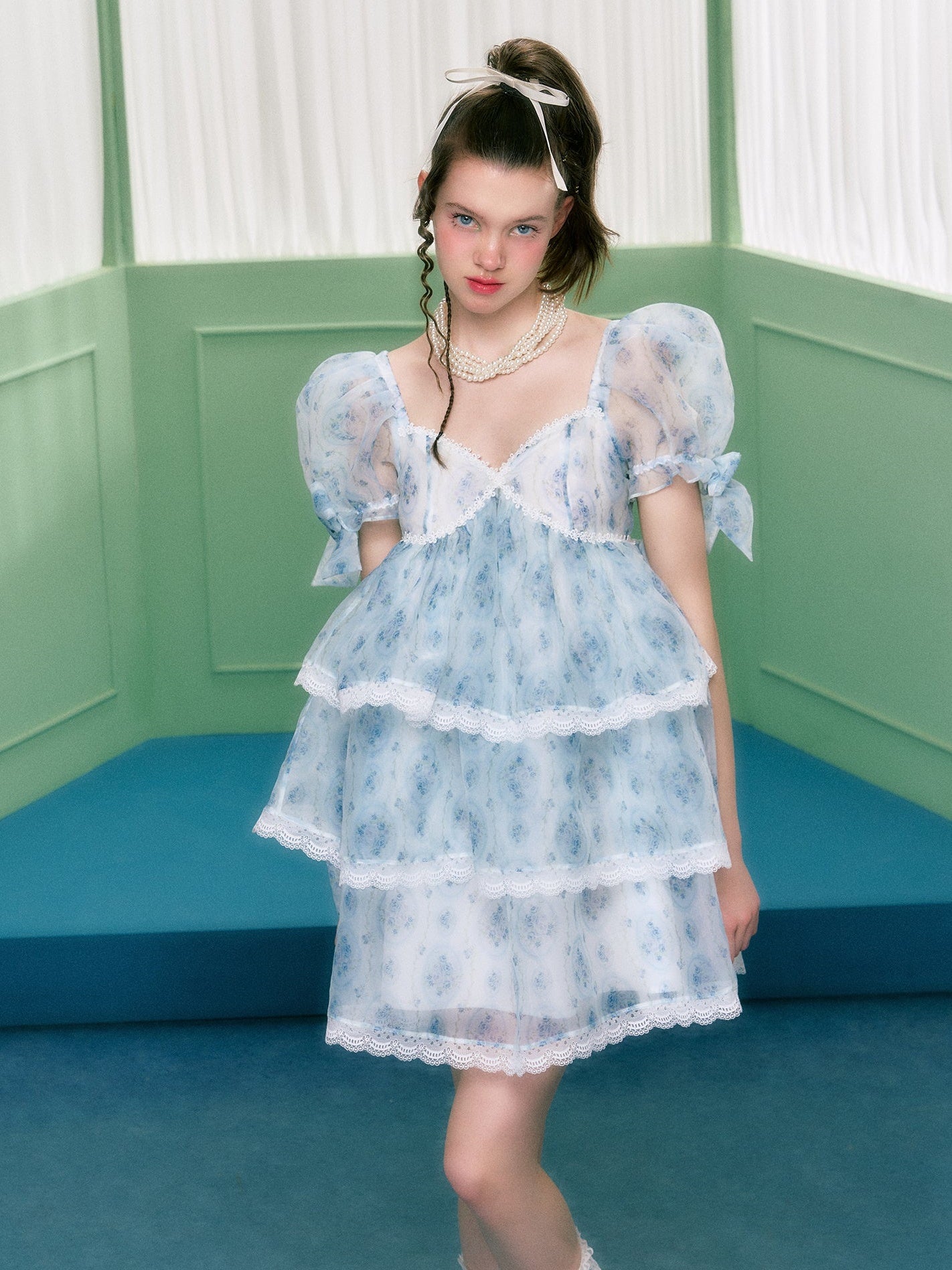 Organza Quadratkragen Puffhülsenkleid Kleid