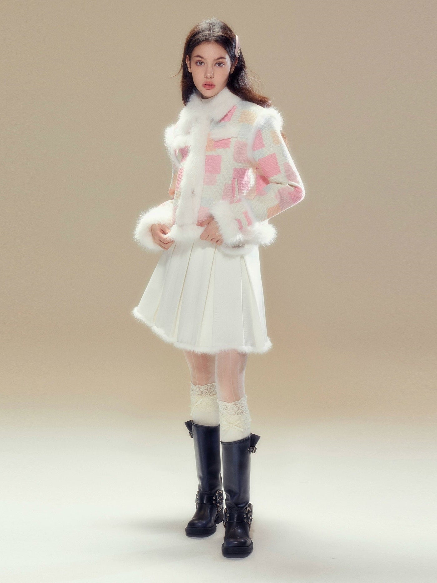 트위드 디자인 격자 무늬 스티치 플러시 재킷