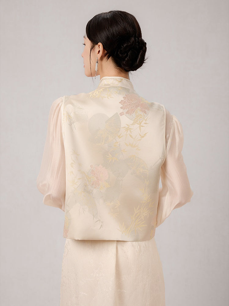 Chinese Style Jacquard Stand Collar Vest & Sheer Top Set-up