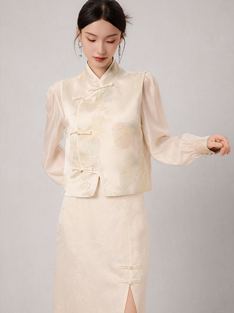 Chinese Style Jacquard Stand Collar Vest & Sheer Top Set-up