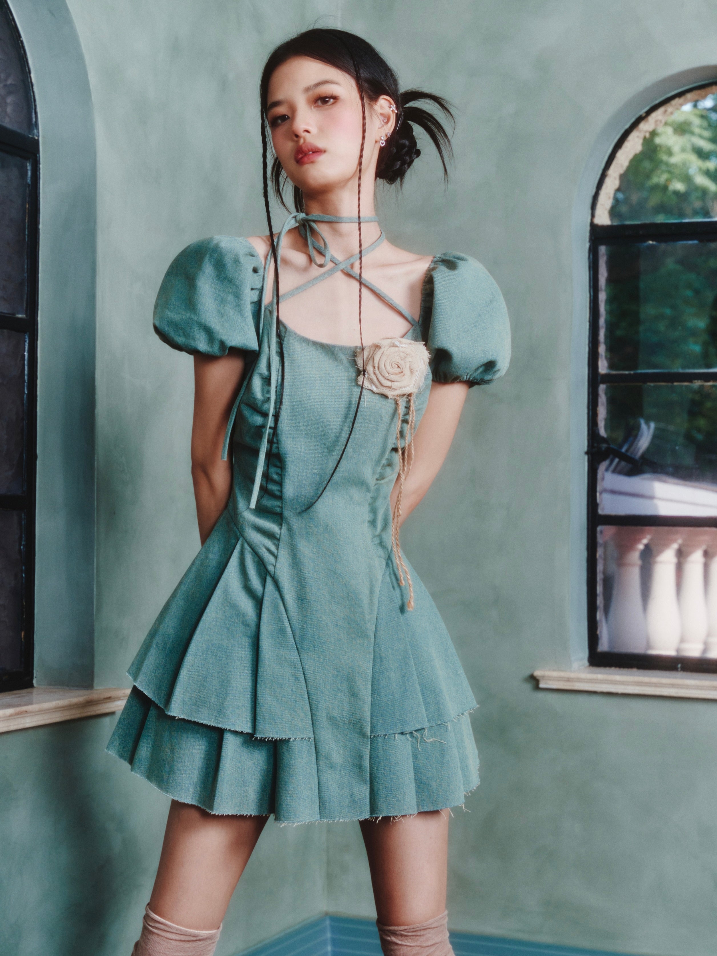 Lace-up Pleated Puff Sleeve Denim Dress