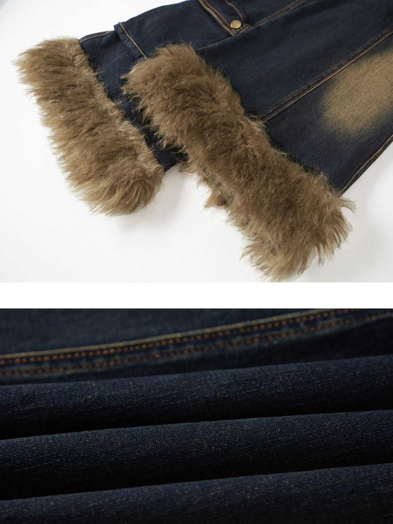 Fur Stitch Washed Distressed Denim Flare Pants