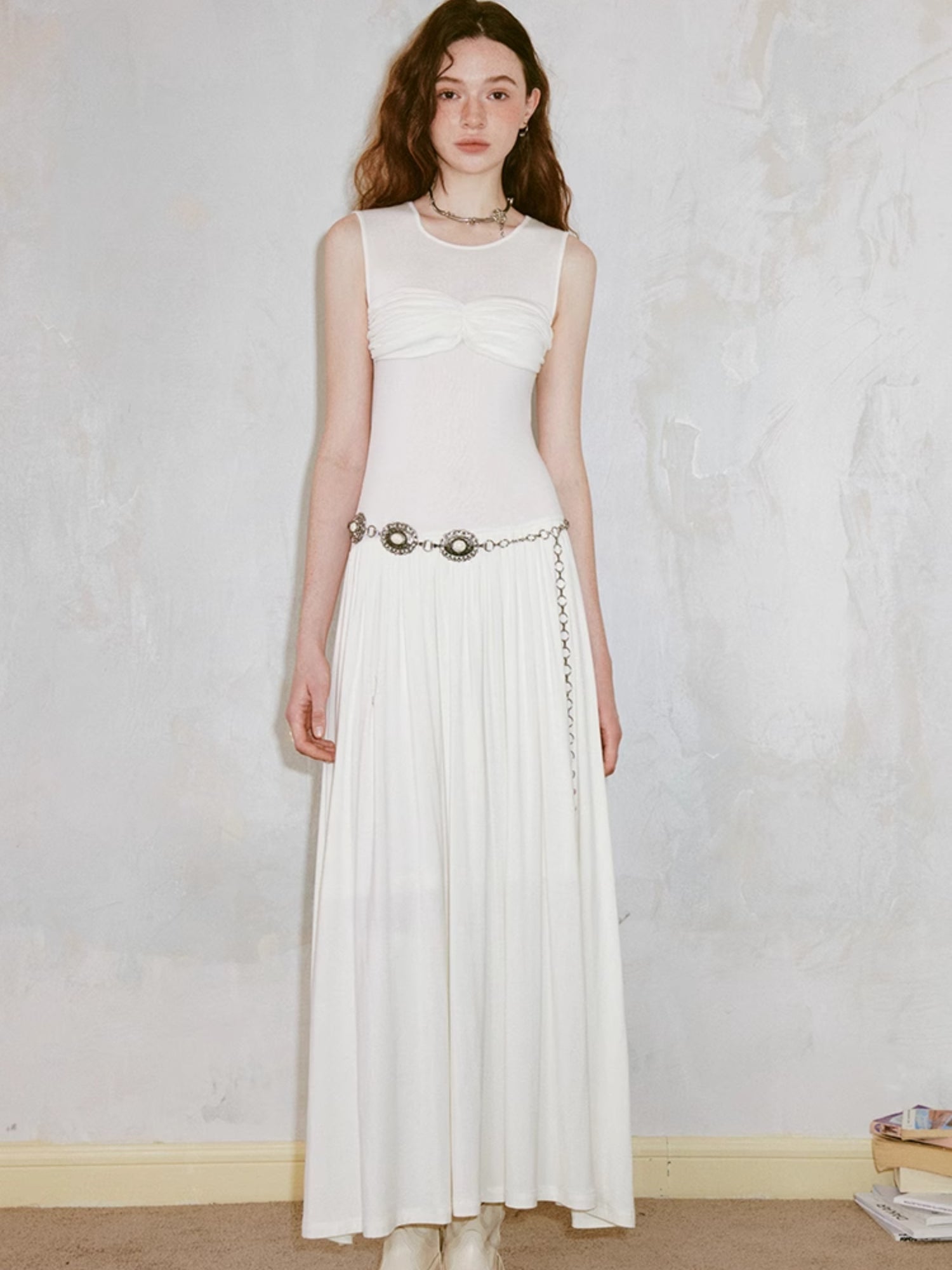 Pleated Draped Sheer Sleeveless Long Dress