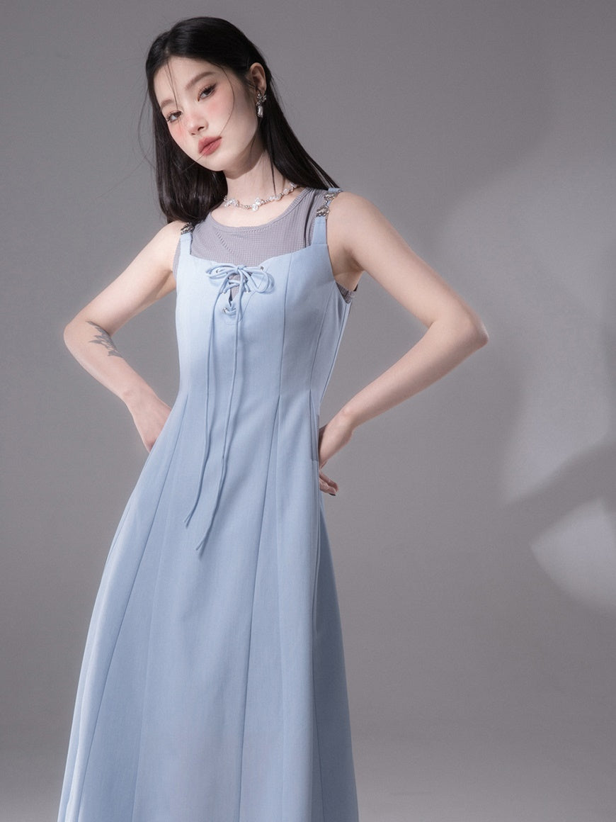 Rope Ribbon Suspender Long Skirt & Short Tank Top Set-up