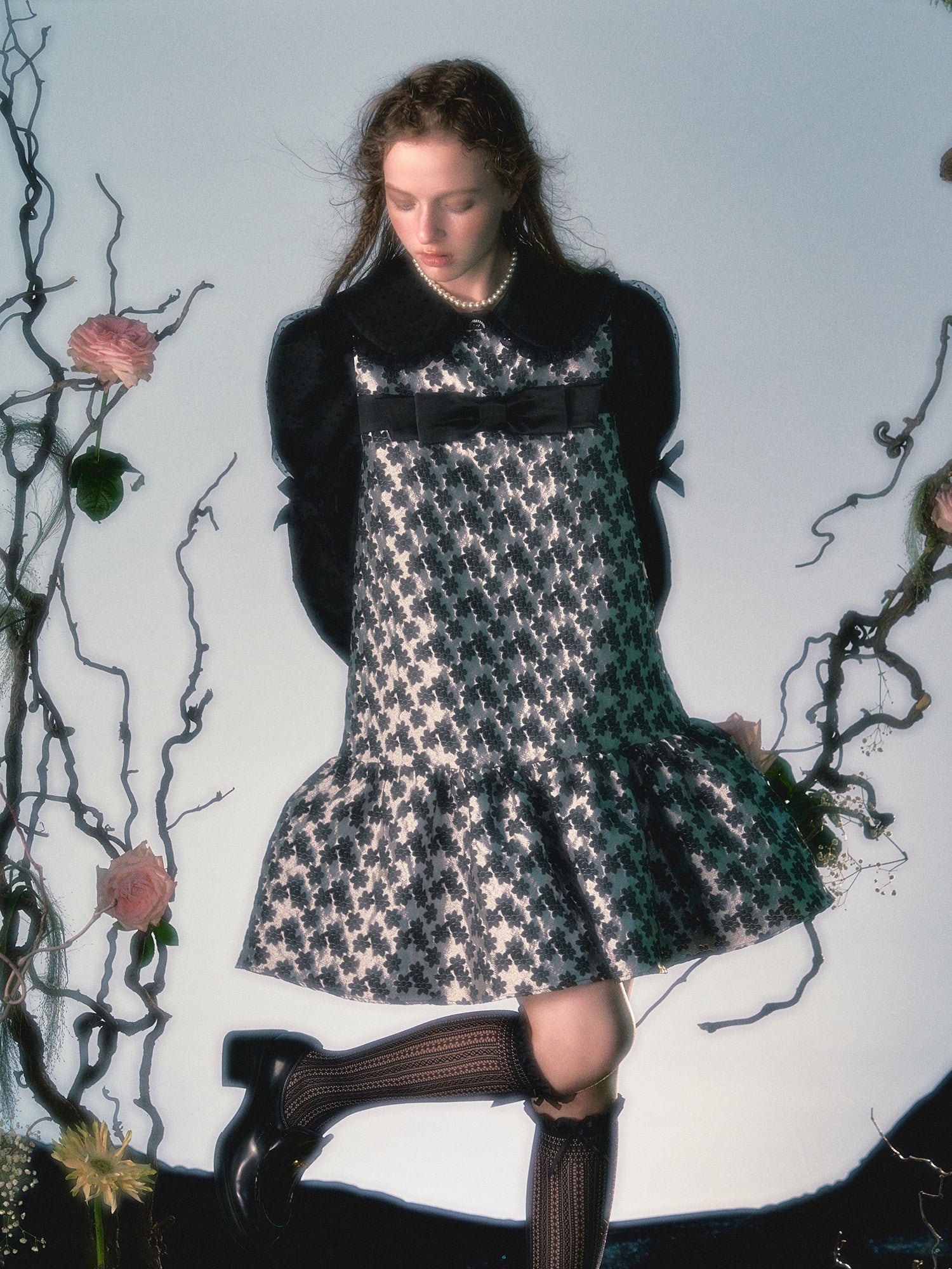 Blumenjacquard Ribbon Puffy Sundress