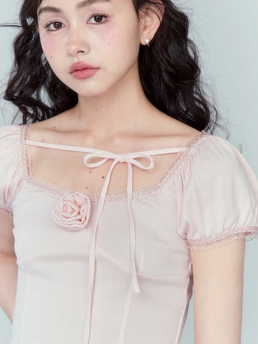 Rose Desire Square Neck Puff Ärmel T-Shirt