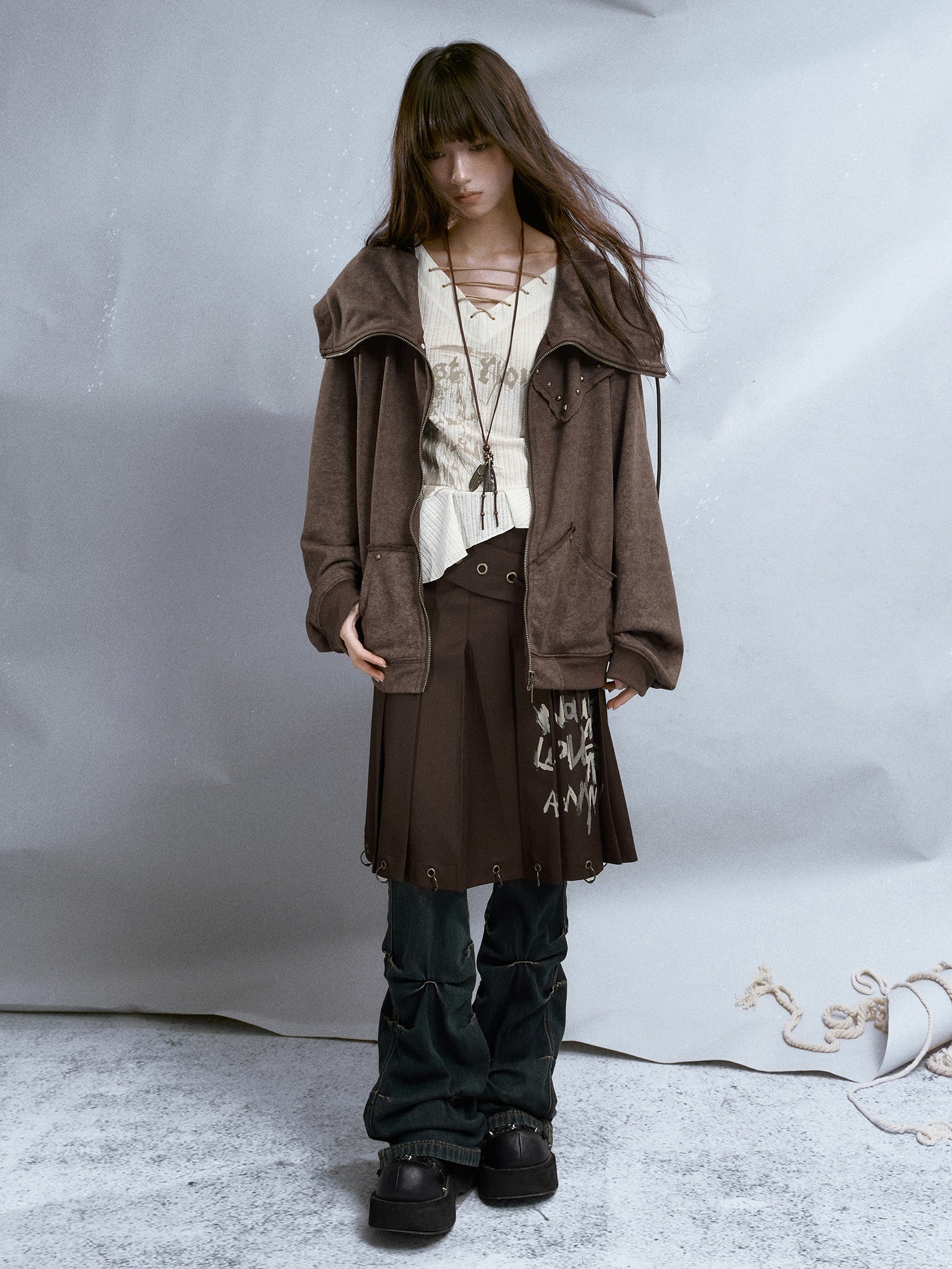 Rivet Distressed ZIP-Up Parka