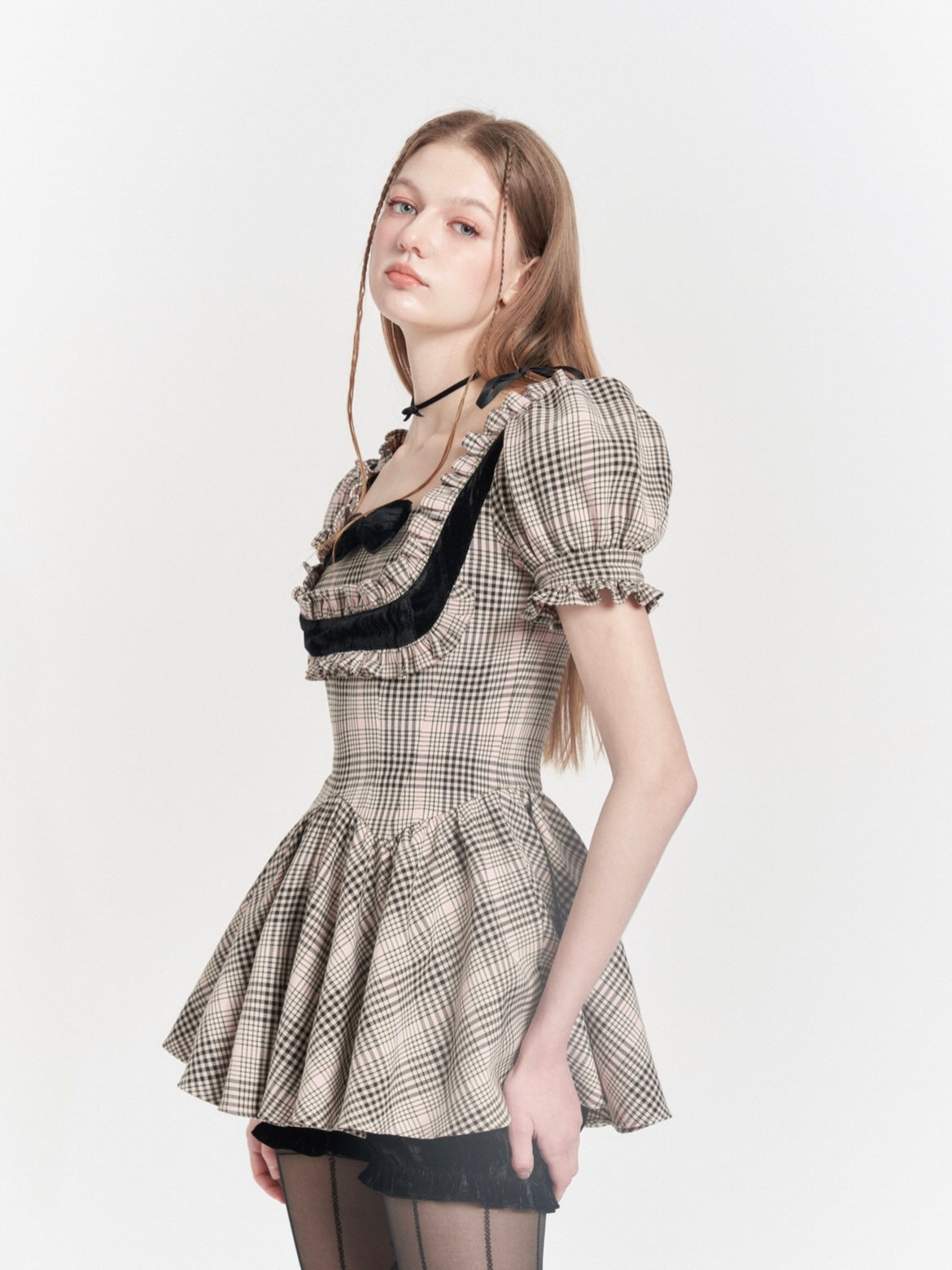 PLAID COLLEGE STYLE LACE SQUARE COLLAR FAKE TWO-PIECE Dress