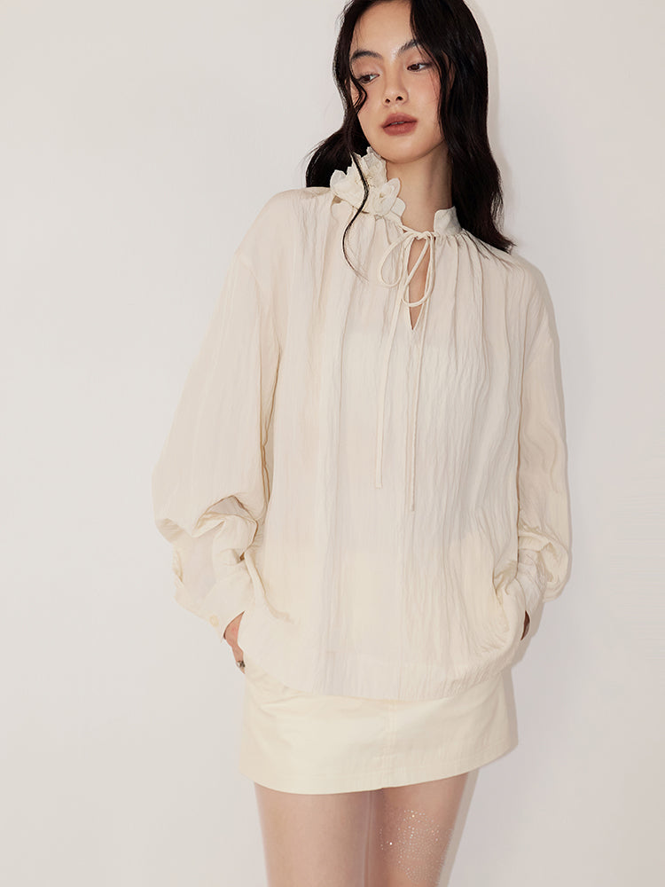 Mist Rose Stand Collar Tie Shirt