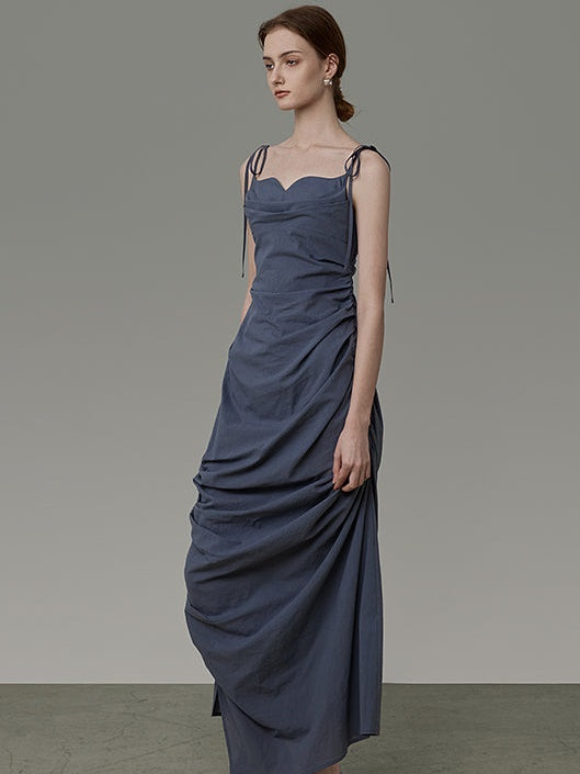 Curved Neckline Drape Suspender Dress