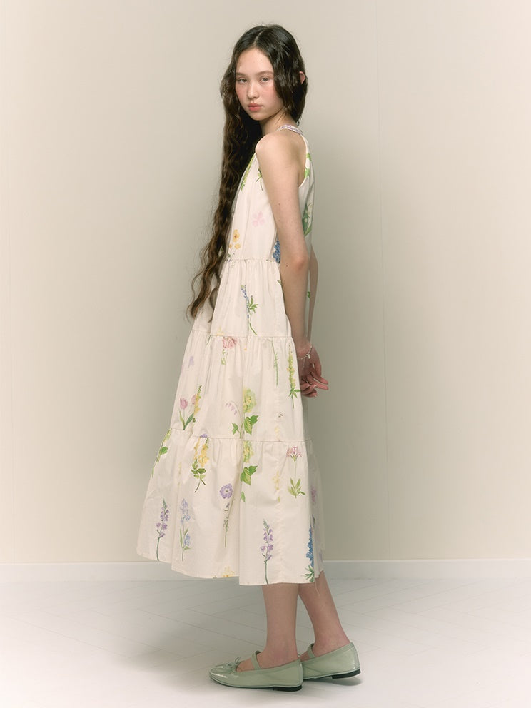 French Retro Girly Print Pleated A-line Halterneck Long Dress