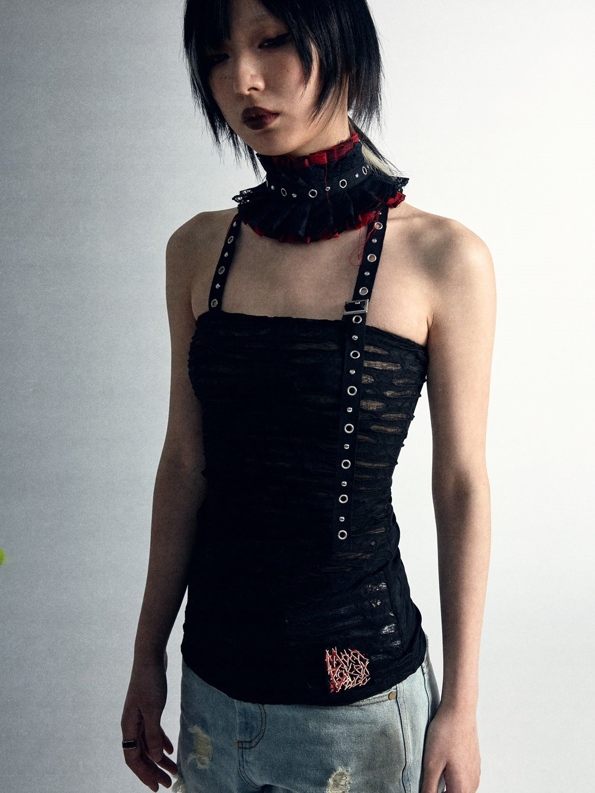 High-elastic Mesh Splicing Strap Top