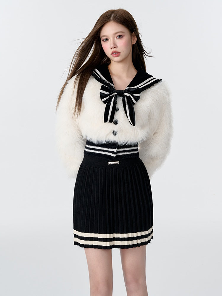 Navy Collar Imitation Fur Short Jacket