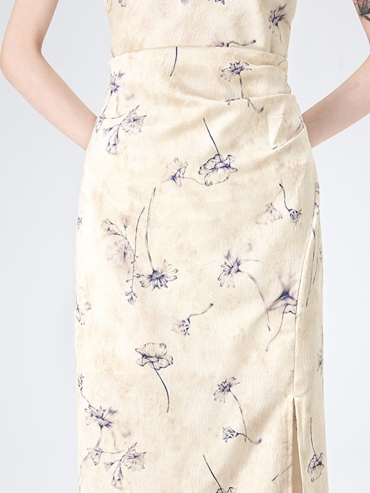 Floral American Sleeve Cheongsam Long Dress