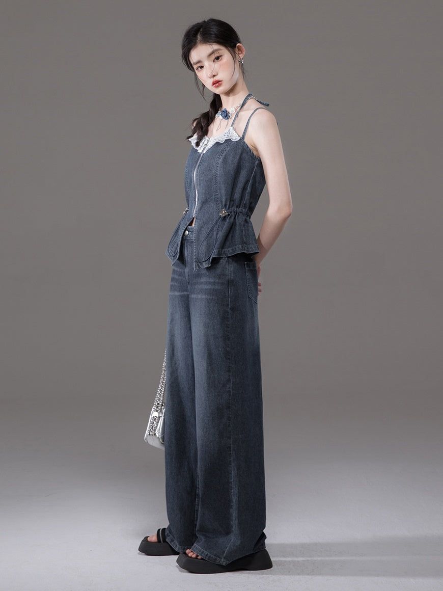 Double Strap Lace Stitch Denim Camisole & Wide-Leg Jeans Set-up