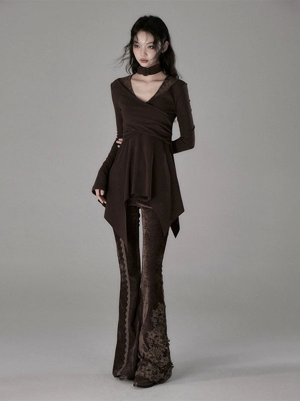 Lace Stitch Elastic Slim Velvet Bootcut Pants