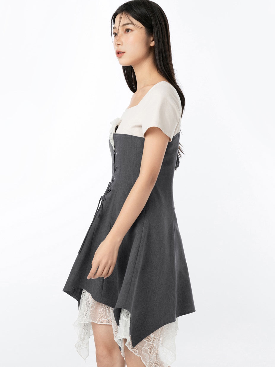 가짜 레이어 층 불규칙한 밑단 레이스 업 드레스