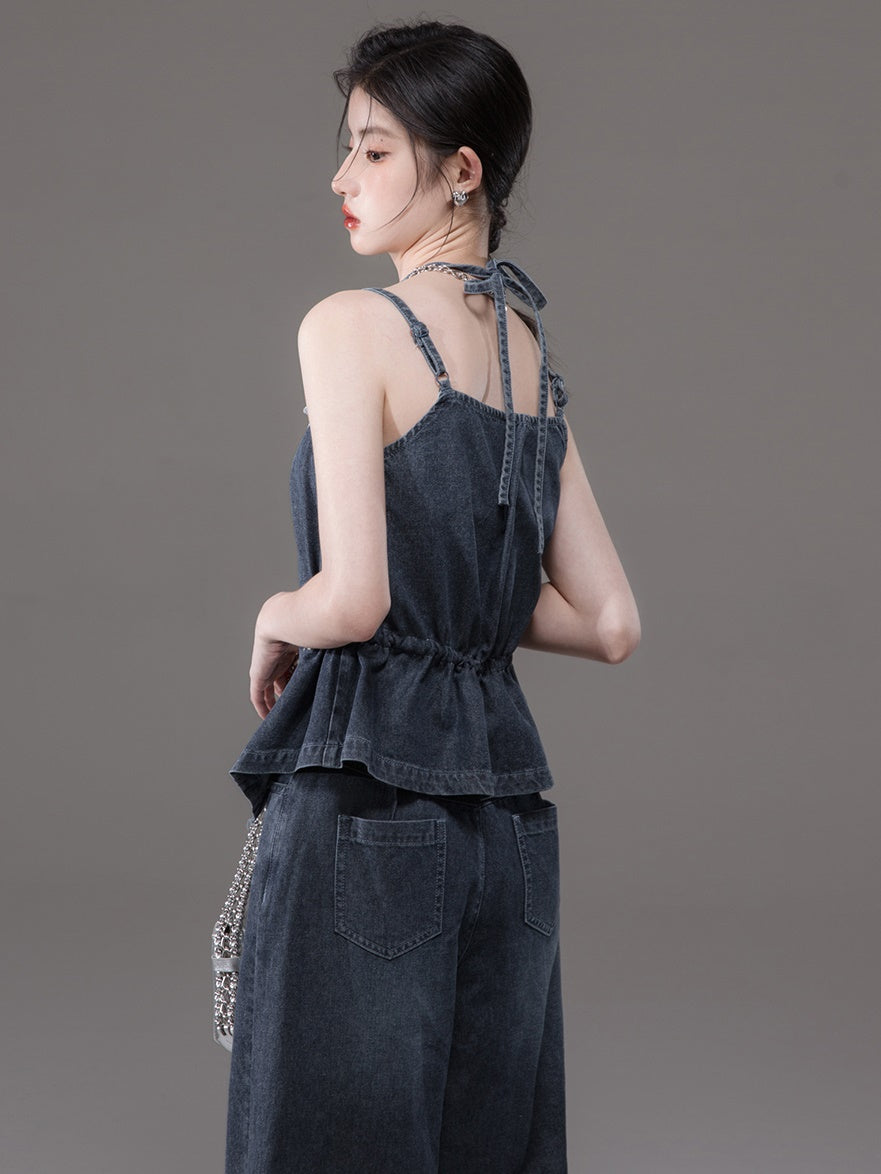Double Strap Lace Stitch Denim Camisole & Wide-Leg Jeans Set-up