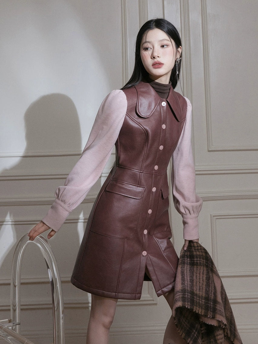 Knitted Sleeve Leather Dress
