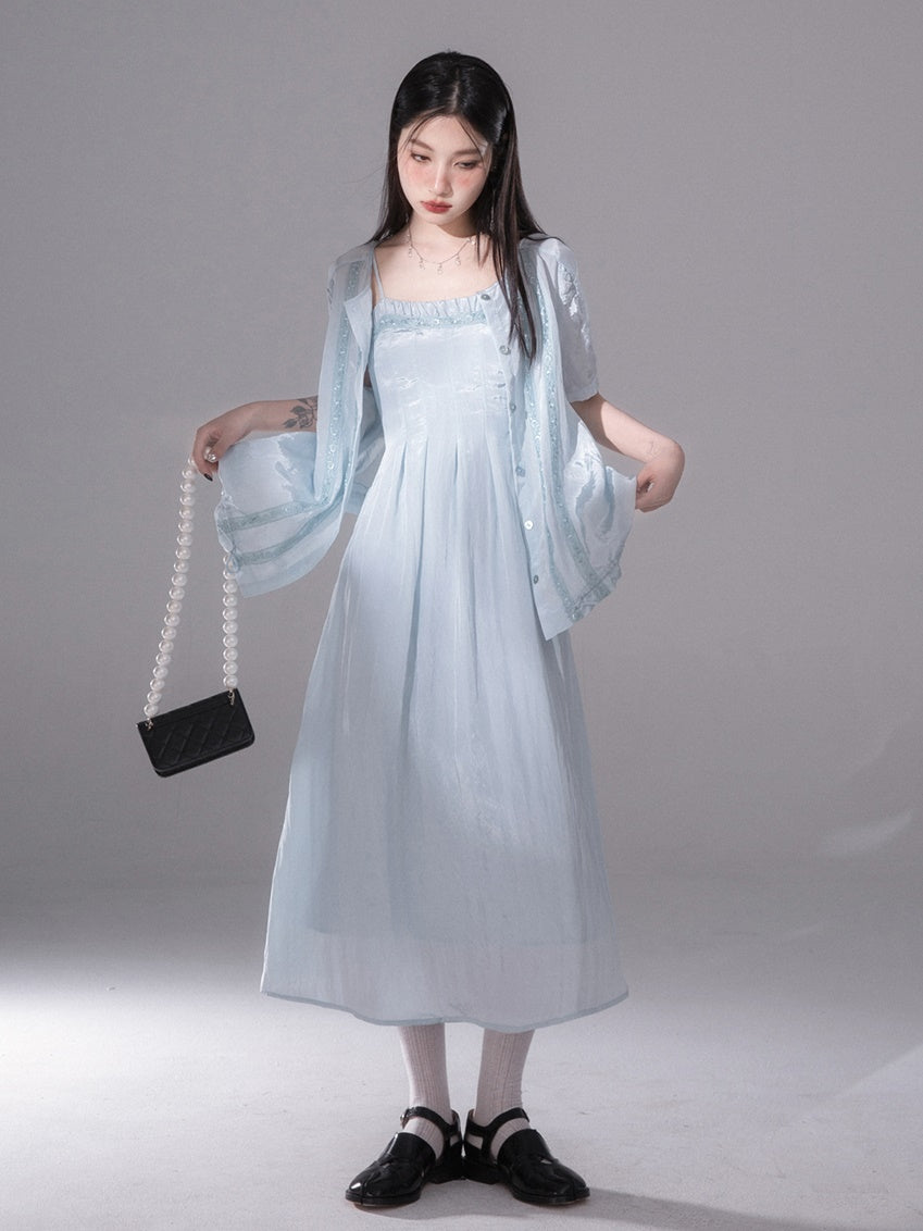 Glossy Drawstring Shirt & Slip Long Dress