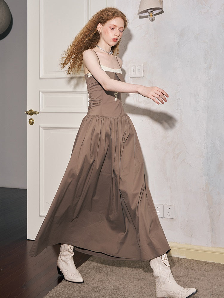 Chest Fold Contrast Color Stitching Suspender Long One-piece