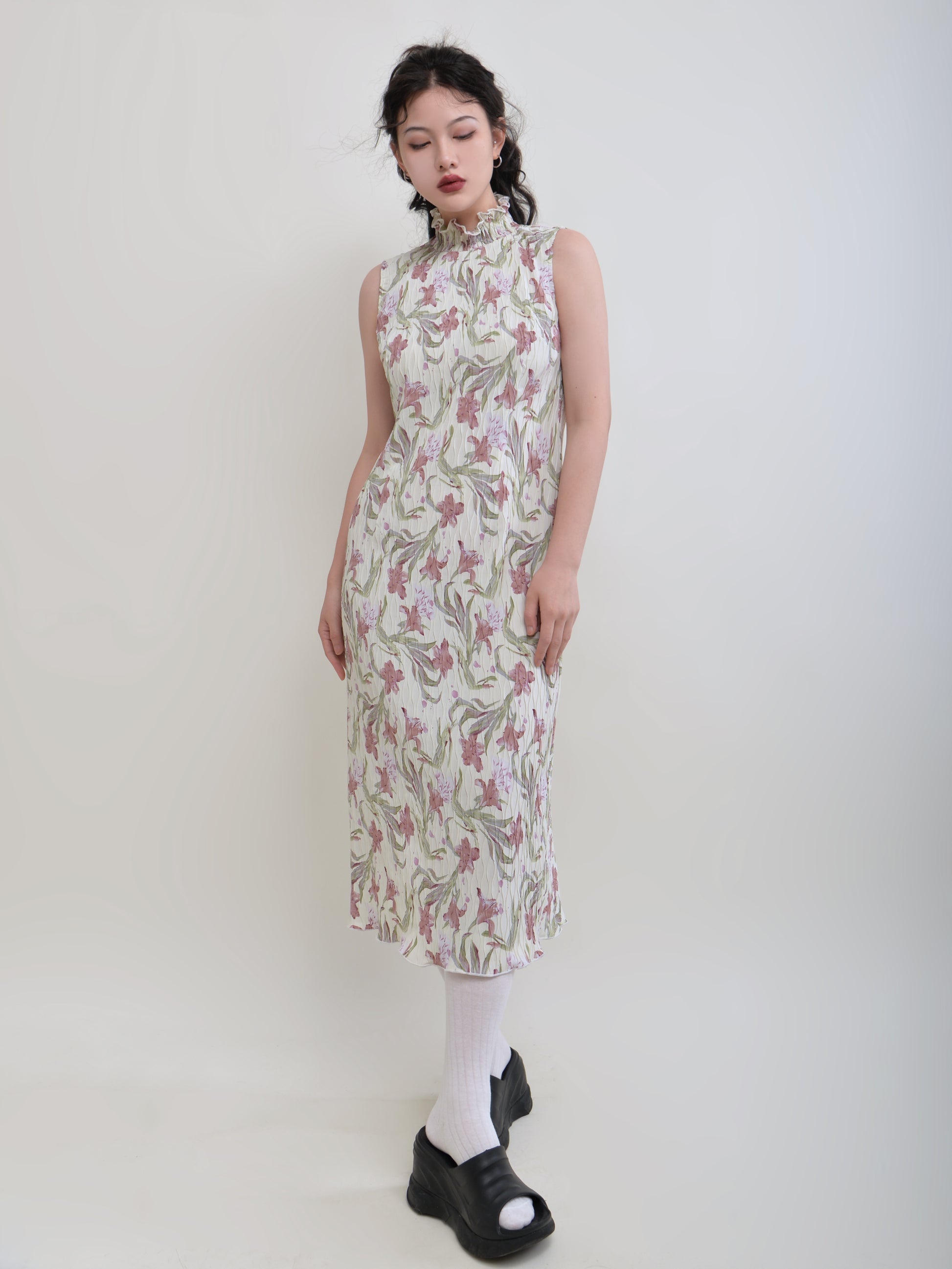 Stand Collar Printing Flower Sleeveless Dress