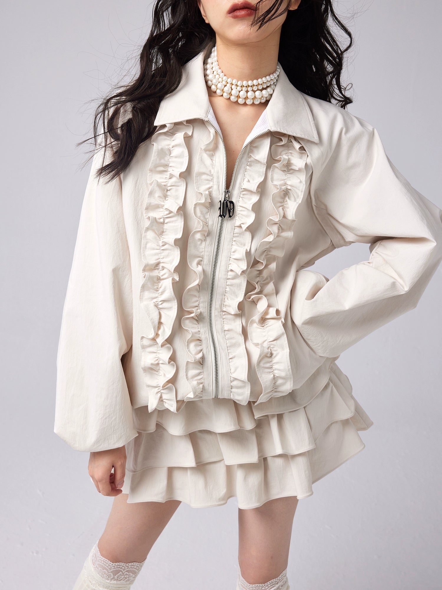 Ruffled POLO Collar Swing Jacket & Cake Skirt