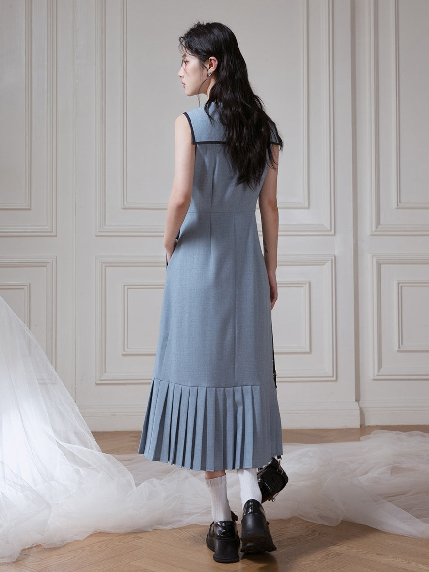 Navy Collar Sleeveless Pleated Hem Dress
