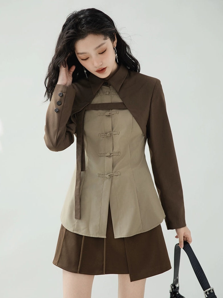 중국 버클 콘트라스트 컬러 페이크 2피스 셔츠