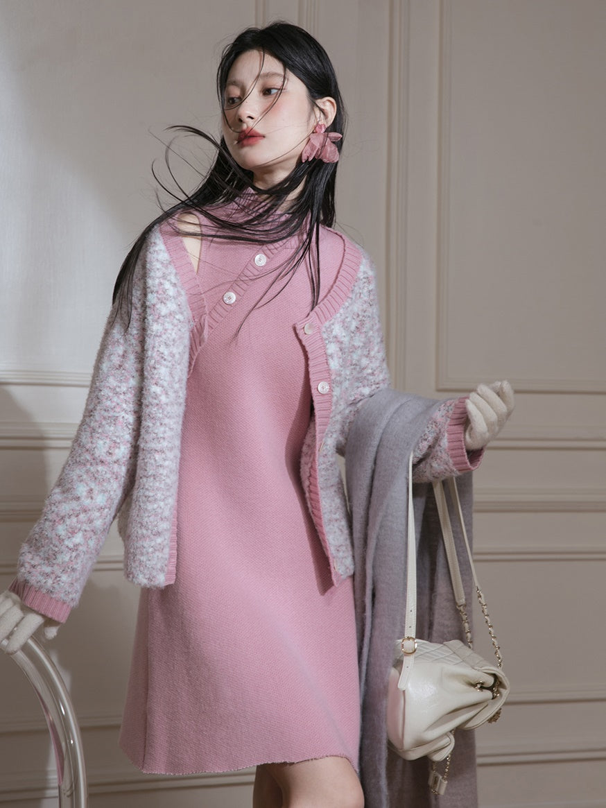 Contrast Color Sleeveless Knitted One-piece & Cardigan Set-up
