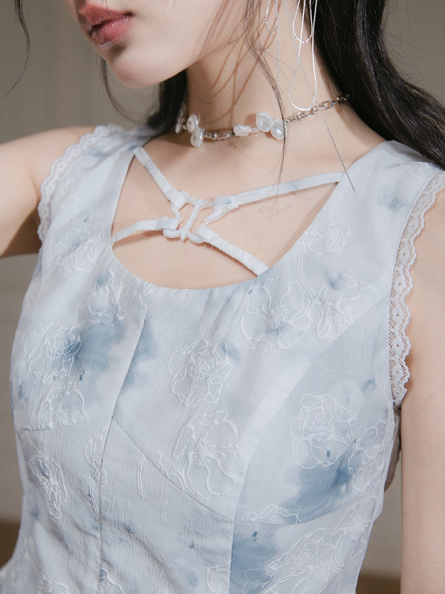 Rose Ink Printed Lace Sleeveless Top & Irregular Hem Skirt Set-up