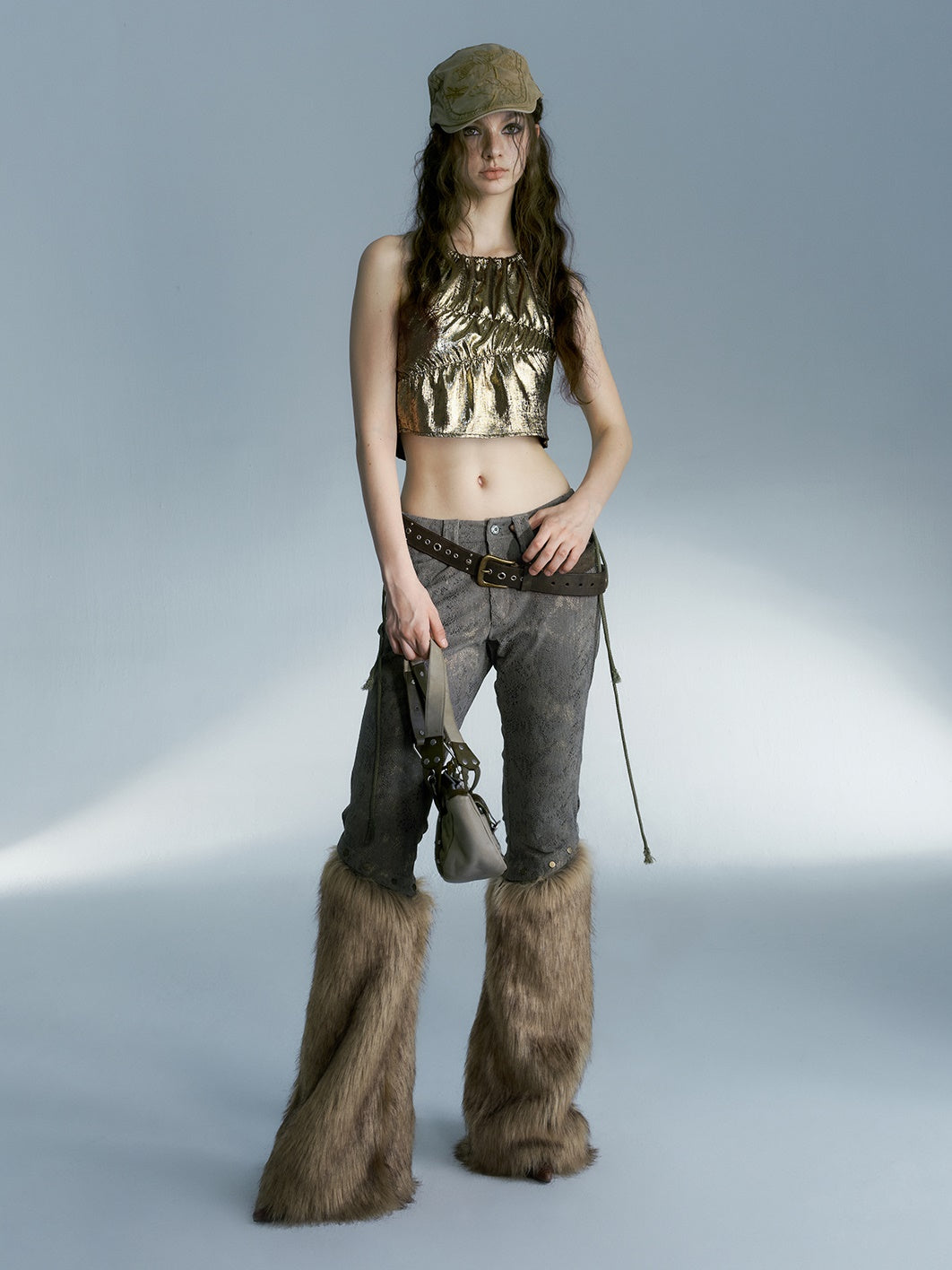 Removable Fur Splicing Snake Pattern Cropped Pants