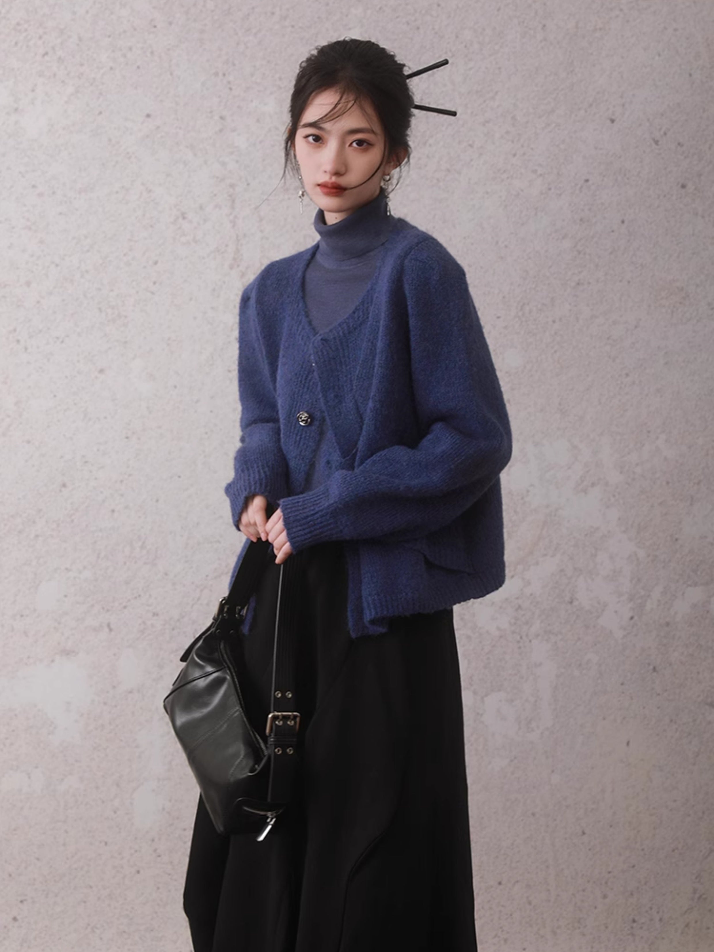 Irregular Button Round Neck Knitted Cardigan
