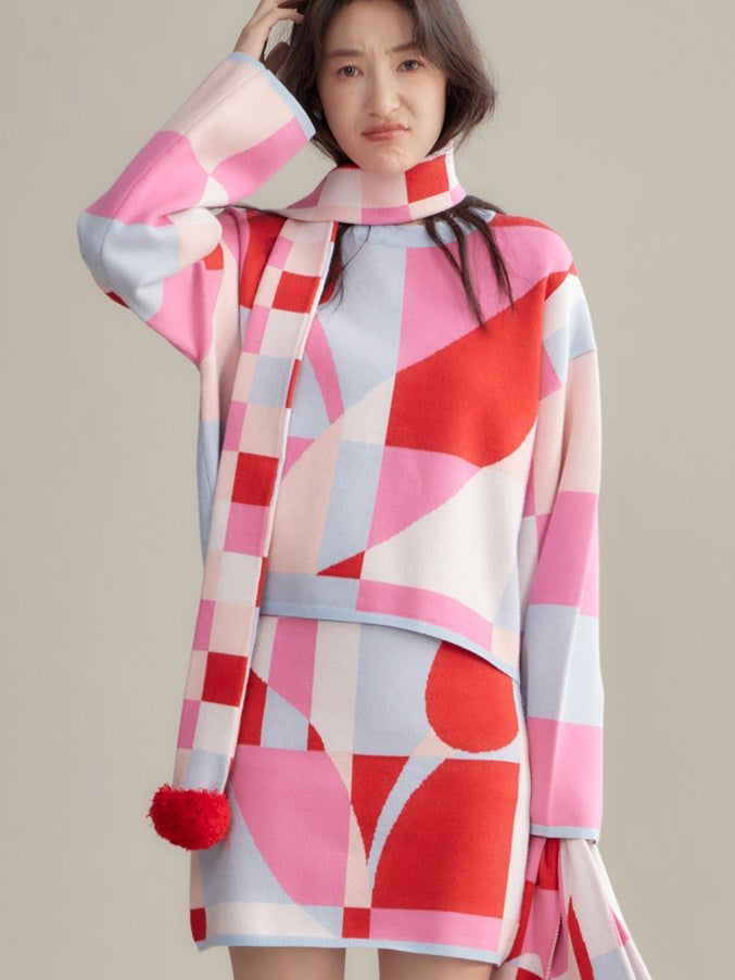 Mosaic Plaid Tulip Stole& Handbag & Knitted Sweater & Skirt
